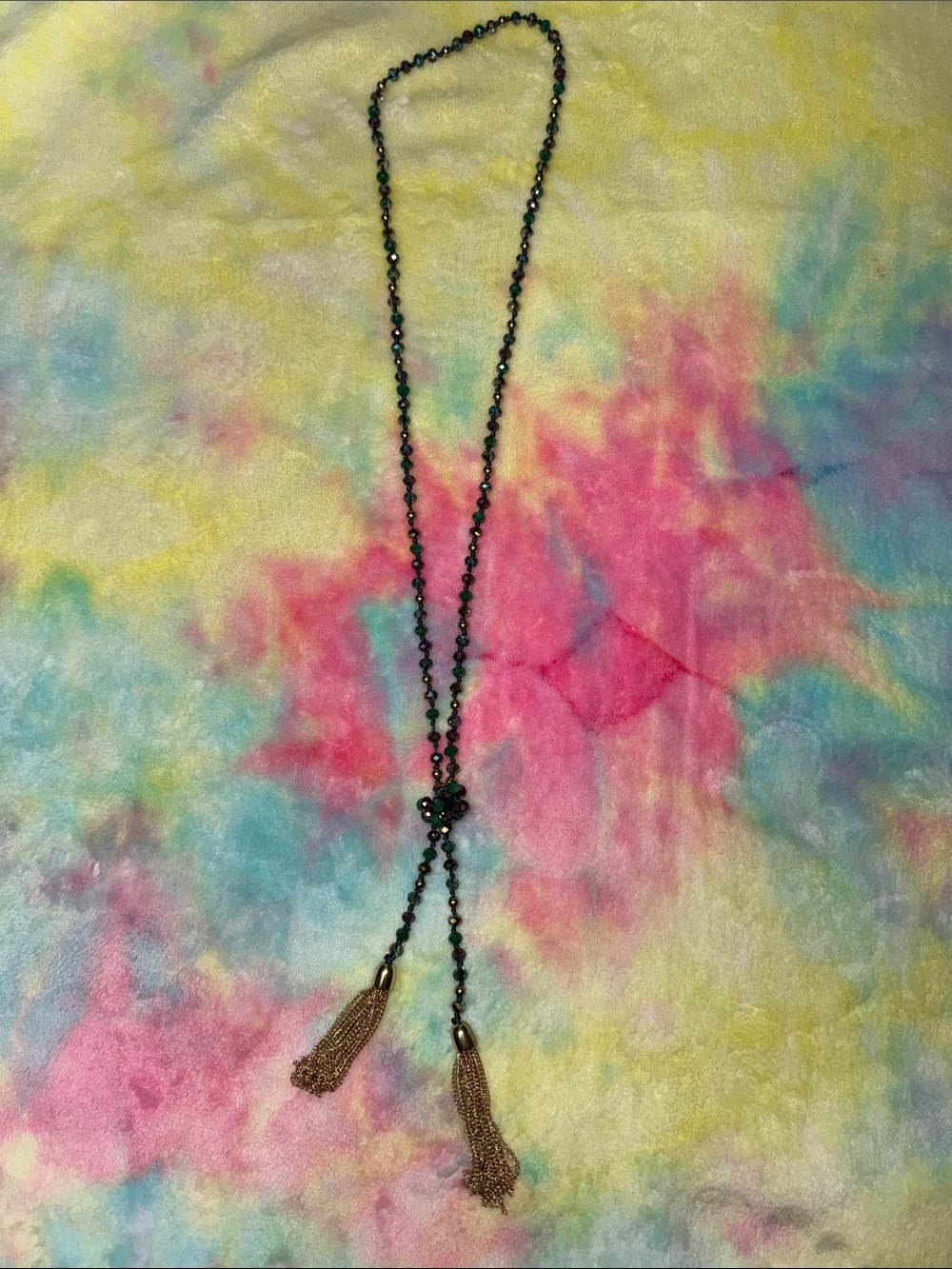 Long Beaded Lariat Necklace with Gold Tassels